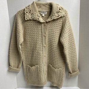 Norm Thompson Cardigan button front collared 2 pockets beige size S Grandma Core